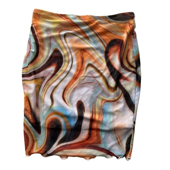 BLACKBEAD Abstract Marble Micro Mini Skirt Orange Brown Small Deep Wave Ruffle - Picture 5 of 6